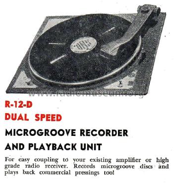 Dual Speed Microgroove Player and Recorder. R12D; Byer Industries Pty. (ID = 2438436) R-Player