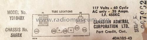 Y3104BX 5A6BX; Canadian Admiral Co. (ID = 2092359) Radio