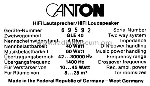 HiFi Lautsprecher / HiFi Loudspeaker GLE 40; Canton; Weilrod (ID = 1977593) Speaker-P