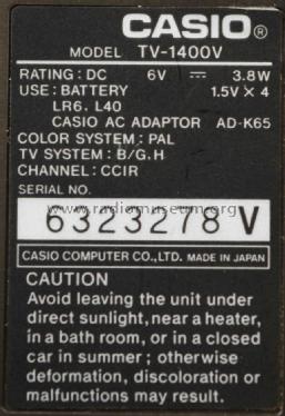 LCD Pocket Color Television TV-1400; CASIO Computer Co., (ID = 2693570) Fernseh-E