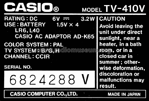 LCD Pocket Color Television TV-410 V; CASIO Computer Co., (ID = 774455) Télévision
