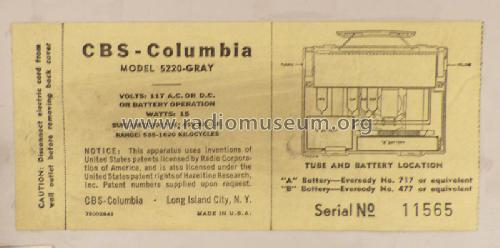 5220 Ch= 4P1; CBS-Columbia Inc.; (ID = 1716431) Radio