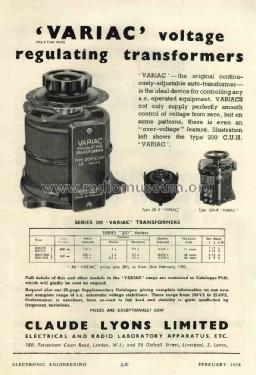 Variac 200 Series; Claude Lyons Limited (ID = 3016468) Misc