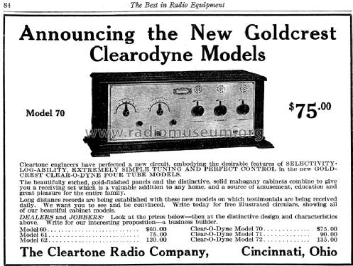 Clear-O-Dyne Model 70; Cleartone Radio Co.; (ID = 1257184) Radio