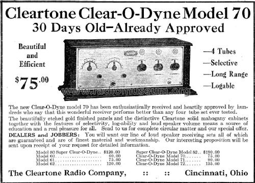 Clear-O-Dyne Model 70; Cleartone Radio Co.; (ID = 1253914) Radio