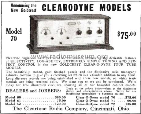 Clear-O-Dyne Model 70; Cleartone Radio Co.; (ID = 1542551) Radio
