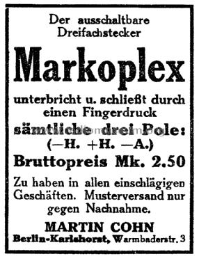 Markoplex dreipoliger Stecker mit Ausschalter ; Cohn, Martin; Berlin (ID = 2770597) Radio part