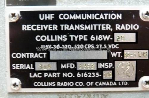 UHF Aircraft Radio 618W-2B AN/ARC-552; Collins; Toronto (ID = 2833082) Mil TRX
