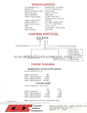 Touch Tone Decoder CS-1688; Connect Systems Inc. (ID = 2886948) Telefonia
