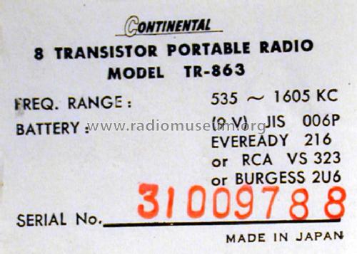 Eight Transistors 8 Transistor TR-863; Continental (ID = 1066533) Radio