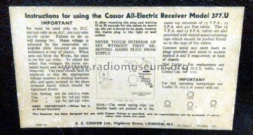 All-Electric Receiver 377U; Cossor, A.C.; London (ID = 2982113) Radio