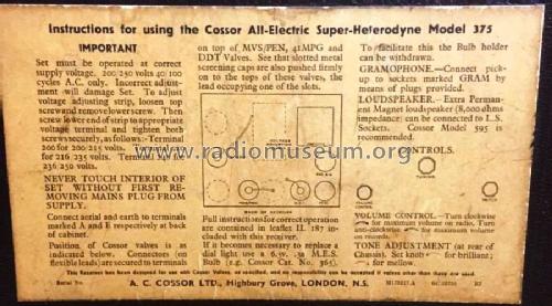 Super Heterodyne 375; Cossor, A.C.; London (ID = 2323857) Radio