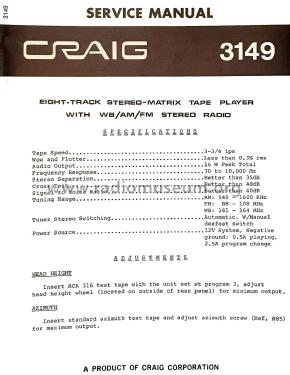 Eight-Track Stereo Player 3149; Craig Panorama Inc.; (ID = 2827377) Radio