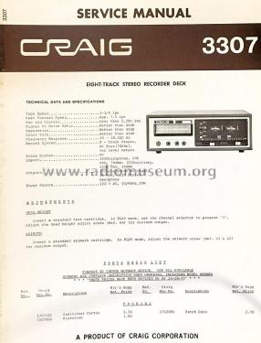 Eight-Track Stereo-Recorder 3307; Craig Panorama Inc.; (ID = 2827245) Reg-Riprod
