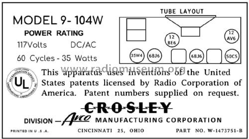 9-104W ; Crosley Radio Corp.; (ID = 2781539) Radio