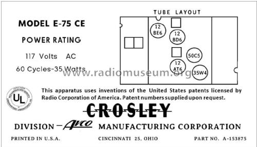 E-75CE Ch= 75E; Crosley Radio Corp.; (ID = 2785634) Radio