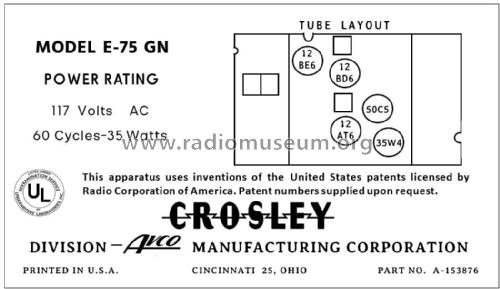 E-75GN Ch= 75E; Crosley Radio Corp.; (ID = 2785636) Radio