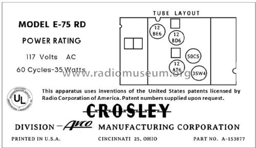 E-75RD Ch= 75E; Crosley Radio Corp.; (ID = 2785637) Radio