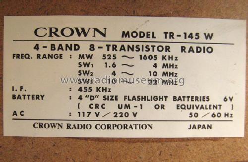 Solid State 11 Transistor 4 Band TR-145W; Crown Radio Corp.; (ID = 1668308) Radio