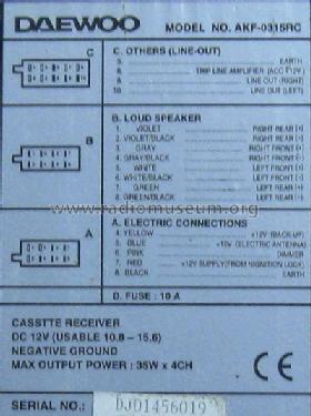 Cassette Receiver AKF-0315RC; Daewoo Electronics (ID = 1999743) Car Radio