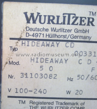 Hideaway CD 00331; Deutsche Wurlitzer (ID = 1859264) Enrég.-R