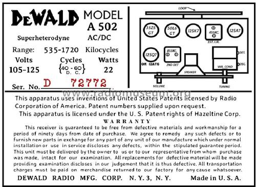 A-502 ; DeWald Radio Mfg. (ID = 2968764) Radio