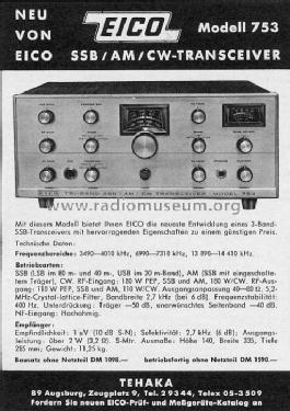 Tri-Band SSB/AM/CW Transceiver 753; EICO Electronic (ID = 294599) Amat TRX