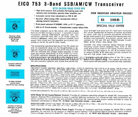 Tri-Band SSB/AM/CW Transceiver 753; EICO Electronic (ID = 3021740) Amat TRX