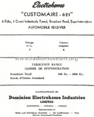 Customaire-621 ; Electrohome Dominion (ID = 768587) Car Radio