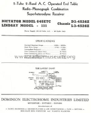 Lindsay 111 Ch= L3-4526Z; Electrohome Dominion (ID = 766536) Radio