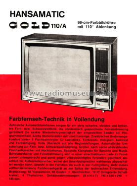 Hansamatic - Farb TV Gerät Gold 110A Ch= K9; Elektrohansa; Wien, (ID = 1836063) Television