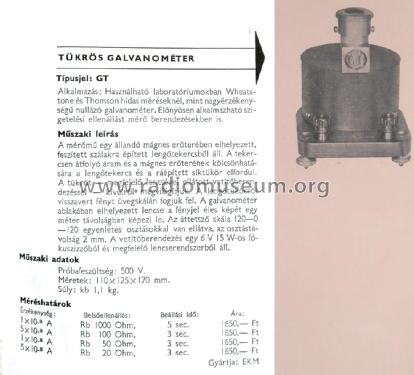 Tükrös Galvanométer - Mirror Galvanometer GT; Elektromos (ID = 2469183) Equipment