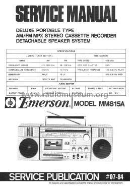 AM/FM MPX Stereo Cassette Recorder MM815A; Emerson Radio & (ID = 1469665) Radio