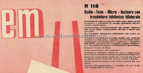 Radio - Fono - Incisore con trasduttore telefonico bilaterale R 118; EMME Elettroacustica (ID = 2447054) Radio