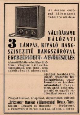 3 lámpás - 3 tubes ; Ericsson, Magyar (ID = 2381739) Radio