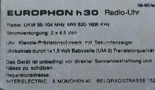 Radio-Uhr H30; Europhon; Milano (ID = 232083) Radio