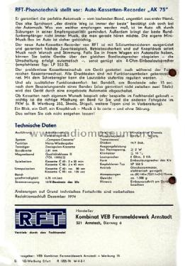 Auto-Kassetten-Rekorder AK75; Fernmeldewerk (ID = 1389960) R-Player