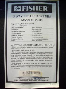 STV-930 ; Fisher Radio; New (ID = 635158) Speaker-P