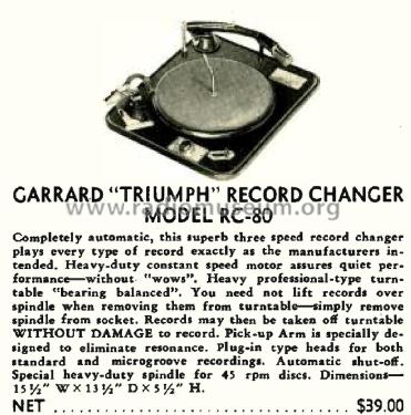 Triumph Record Changer RC80/DC; Garrard Eng. & Mfg. (ID = 1792115) Sonido-V