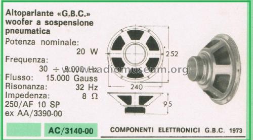 Altoparlante Woofer a Sospensione Pneumatica AC/3140-00 250/AF 10 SP; GBC; Milano (ID = 3110448) Parlante