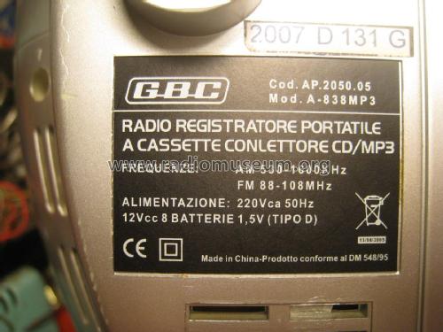 Radio registratore portatile a cassette con lettore CD/MP3 A-838MP3 - Cod.AP.2050.05; GBC; Milano (ID = 2022268) Radio