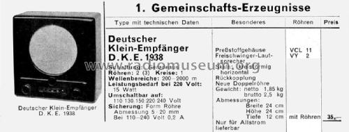 Deutscher Kleinempfänger 1938 DKE38, DKE1938; Gemeinschaftserzeugn (ID = 2324823) Radio