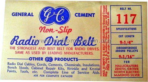 Non-Slip Radio Dial Belt 117; General Cement Mfg. (ID = 1773495) Radio part