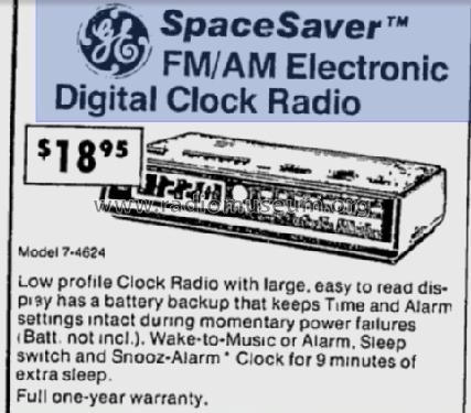 Electronic Digital FM/AM Clock Radio 7-4624A 'Space Saver'; General Electric Co. (ID = 1703642) Radio