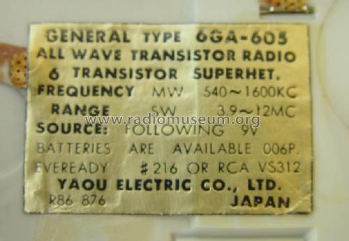 General All Wave 6 Transistor 6GA-605; Yaou Radio Co ltd ; (ID = 1077409) Radio