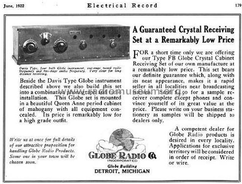 Crystal Cabinet Receiving Set Type FB; Globe Radio Co.; (ID = 1247145) Galène