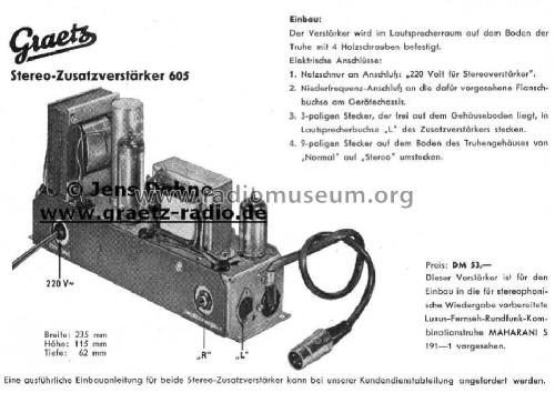 Stereo-Zusatzverstärker 605; Graetz, Altena (ID = 515500) Ampl/Mixer