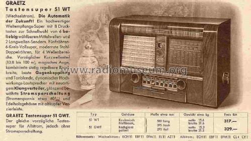 Tastensuper 51GWT; Graetz Radio, Berlin (ID = 706972) Radio