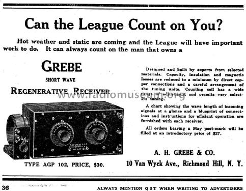 Short Wave Regenerative Receiver AGP-102; Grebe, A.H. & Co.; (ID = 947728) Radio