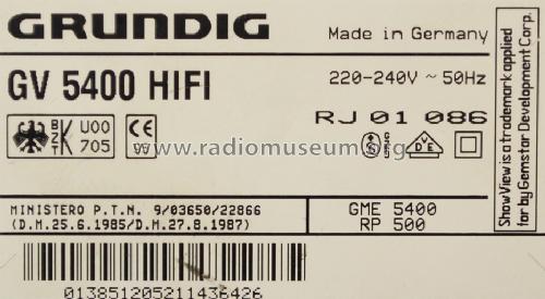 Video Cassette Recorder GV 5400 HiFi; Grundig Radio- (ID = 1438938) R-Player